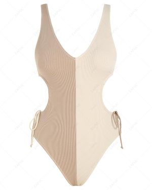 Women One Piece ZAFUL Cinched Cut Out Two Tone Ribbed Cheeky One-piece Swimsuit Xl Coffee