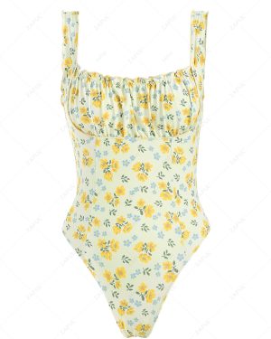 Women One Piece ZAFUL Women's Ditsy Floral Ruched Bust Ruffle Backless Square Neck One-piece Swimsuit L Yellow