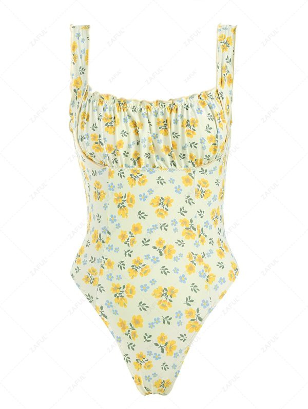Women One Piece ZAFUL Women's Ditsy Floral Ruched Bust Ruffle Backless Square Neck One-piece Swimsuit L Yellow