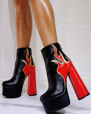 Women Platform Flame Booties Round Toe Chunky Heel Black Ankle Boots