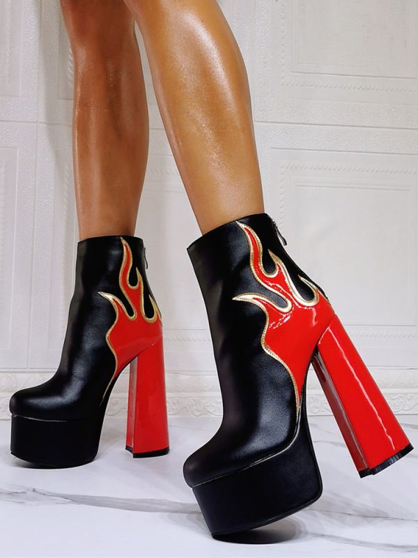 Women Platform Flame Booties Round Toe Chunky Heel Black Ankle Boots