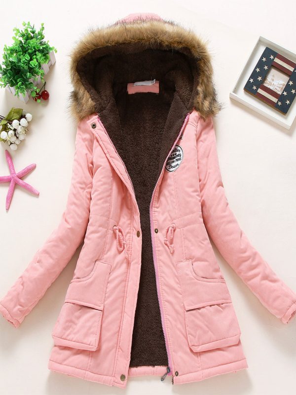Women Puffer Coats Light Pink Warmth Preservation Hooded Buttons Zipper Long Sleeves Outerwear Cozy Active Outerwear