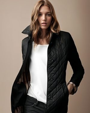 Women Quilted Jacket Black Button Long Sleeve Turndown Collar Padded Coat Cozy Active Outerwear