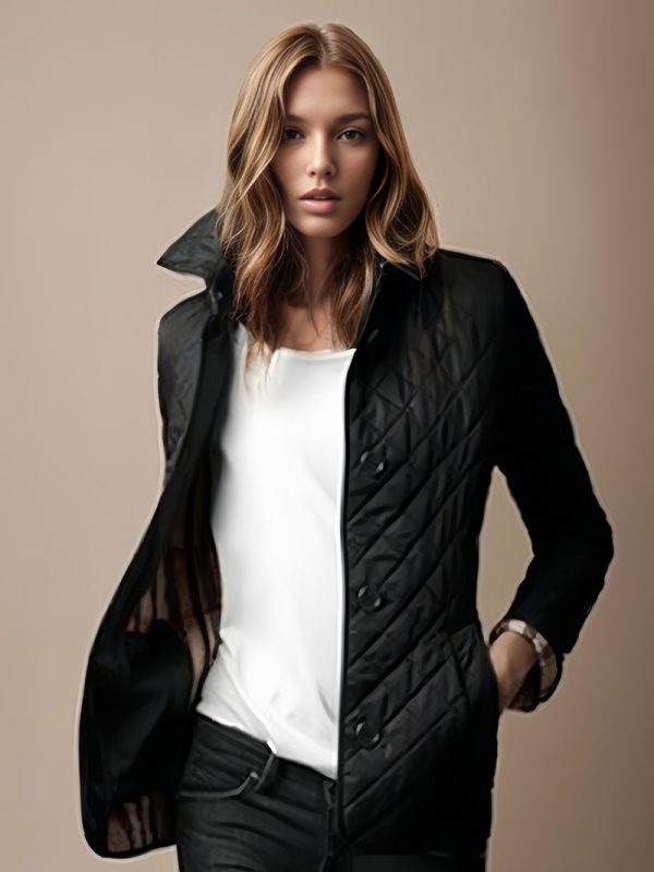 Women Quilted Jacket Black Button Long Sleeve Turndown Collar Padded Coat Cozy Active Outerwear