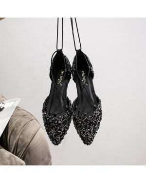 Women Rhinestone Ballet Flats Cross-Tied Lace Up Flat Shoes Woman Crystal D'orsay Wedding Shoes Glitter Sliver Mules
