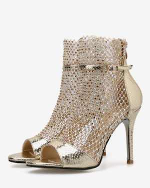 Women Sandal Booties Gold Peep Toe Rhinestones High Heel Sandal Shoes