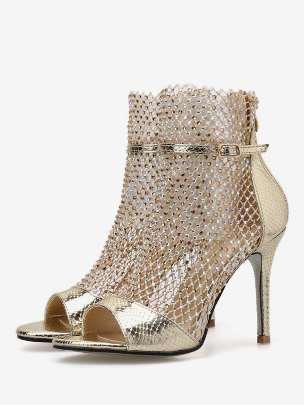Women Sandal Booties Gold Peep Toe Rhinestones High Heel Sandal Shoes