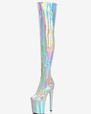 Women Sexy Boots Metallic Platform Round Toe High Heel Thigh High Boots