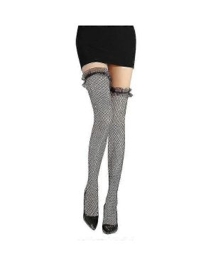 Women Sexy Fishnet Thigh High Stockings Glitter Rhinestone Floral Lace Jacquard Patterned Mesh Tattoo Over Knee Socks