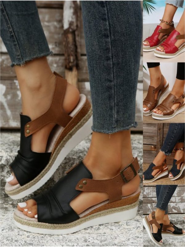 Women Simple Plain Summer Commuting Gladiator PU Pu Rubber Adjustable Buckle Wedge Sandals