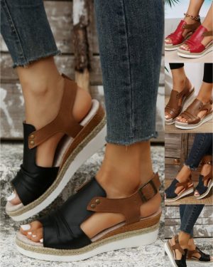 Women Simple Plain Summer Commuting Gladiator PU Pu Rubber Adjustable Buckle Wedge Sandals