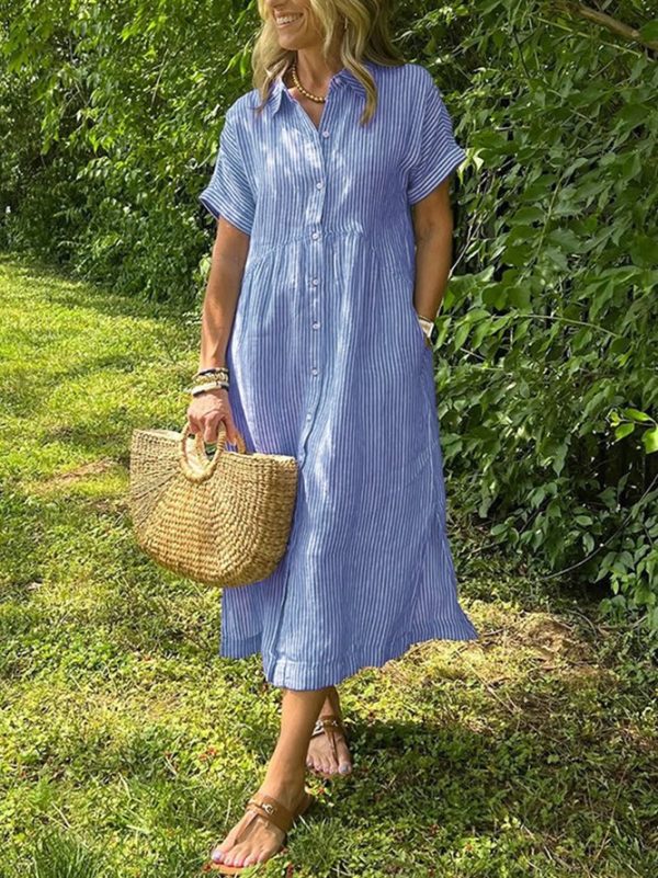 Women Striped Casual All Season No Elasticity Loose Maxi Short Sleeve A-Line No Shirt Dresses