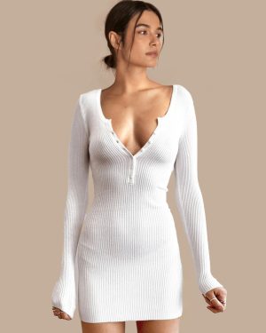 Women Sweater Dresses White V Neck Casual Bodycon Dresses Long Sleeves Knitted Pencil Dress