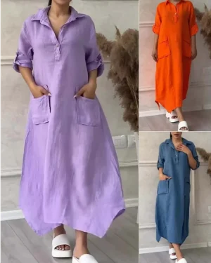 Women Vacation Plain Spring/Fall Natural No Elasticity Daily Maxi Shirt Dress No Dresses