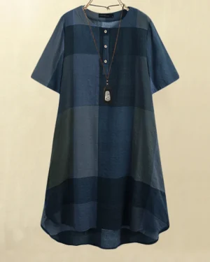 Women Vintage Plaid Print Button Front O-Neck Short Sleeve Loose Casual Shirt Dress With Pocket