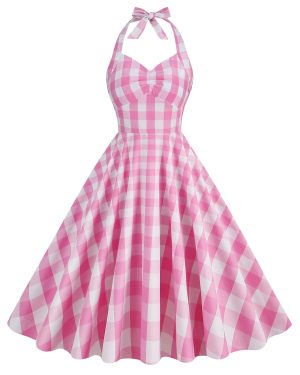Women Vintage Retro Dress Spaghetti Strap 1950s Halter-Pink White XL