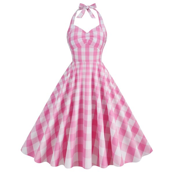 Women Vintage Retro Dress Spaghetti Strap 1950s Halter-Pink White XL