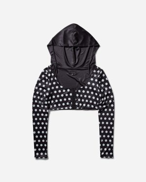 Women s Polka Hooded Crop Top Black / White