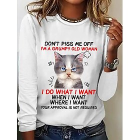 Women's 100% Cotton Tunic T Shirt Fashion Casual Print Long Sleeve Regular Tops Crew Neck Daily Black White Spring Fall
