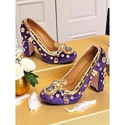 Women's 1920s Vintage Purple Velvet Chunky Heel Pumps with Gold Embellishments and Gemstones - Baroque Style Dress Shoes for Parties, Weddings, and Evening Events