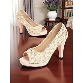 Women's 1950s Vintage Cream Lace Peep Toe High Heels with Pink Platform - Elegant Retro-Style Party Shoes for Weddings, Proms, and Formal Events