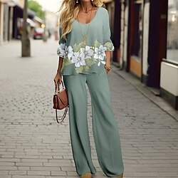 Women's 2 Pieces Fashion Shirt Pants Sets Wide Leg Pants Trousers Long Sleeve Round Neck Floral Print Casual Daily Pink Blue Green Spring Fall Regular Fit