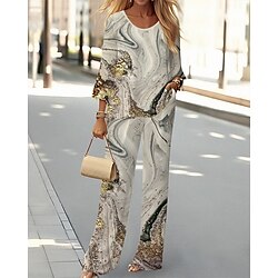 Women's 2 Pieces Streetwear Daily Shirt Pants Sets Wide Leg Pants Trousers Long Sleeve V Neck Graphic Abstract Print Casual Holiday Gray Fall Winter Regular Fit