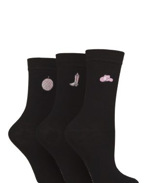 Women's 3 Pair SOCKSHOP Wildfeet Bamboo Embroidered Crew Socks Cowgirl Hat / Boots / Disco Ball 4-8 Women's