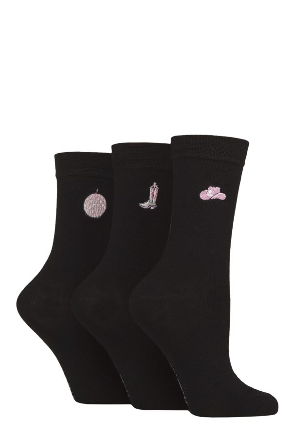 Women's 3 Pair SOCKSHOP Wildfeet Bamboo Embroidered Crew Socks Cowgirl Hat / Boots / Disco Ball 4-8 Women's