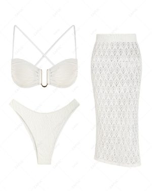Women's 3PC Set Swimwear Criss Cross Textured U Metal High Leg Cheeky Bikini Set Openwork Thigh Split Crochet Knit Cover Up Beach Long Midi Skirt Whit