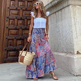 Women's A Line Swing Long Skirt Bohemia Maxi Skirts Print Floral Graphic Holiday Casual Daily Spring Summer Fashion Bohemian Boho Pink