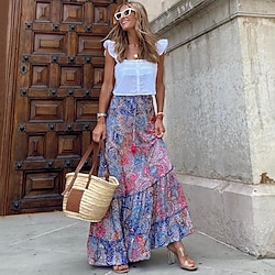 Women's A Line Swing Long Skirt Bohemia Maxi Skirts Print Floral Graphic Holiday Casual Daily Spring Summer Fashion Bohemian Boho Pink