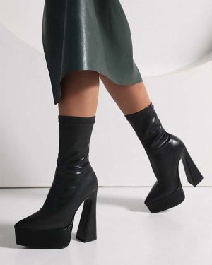 Women's Ankle Boots Black Platform Pointed Toe Chunky Heel Booties