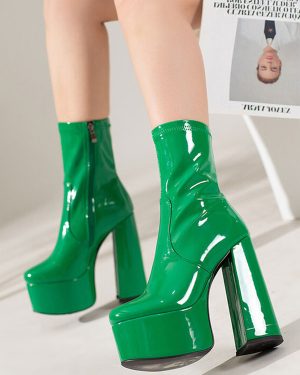 Women's Ankle Boots Round Toe Platform Chunky Bright Leather Heel Booties