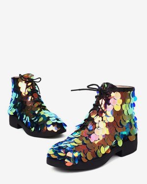 Women's Ankle Boots Sequined Round Toe Lace Up Flat Booties