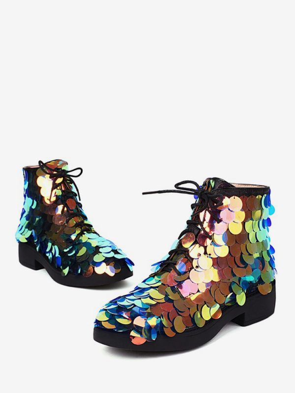 Women's Ankle Boots Sequined Round Toe Lace Up Flat Booties