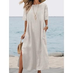 Women's ArmyGreen Black White Summer Spring Fall Maxi Dress White Dress Cotton Linen Dresses Basic Casual Outdoor Daily Loose Fit Plain Crew Neck