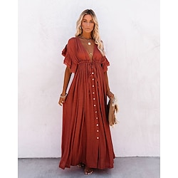 Women's ArmyGreen Orange Rust Red Black Summer Spring Fall Long Dress Maxi Dress Linen-Inspired Dresses Casual Dress Swing Dress Boho Beach Loose Fit Pure Color V Neck