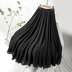 Women's Asian Size Swing Long Skirt Linen Skirts Elegant Basic Casual Maxi Skirts Solid Colored Pleated Tulle Long Office / Career WorkWear Black White Yellow Light Green Spring Summer Linen Cotton