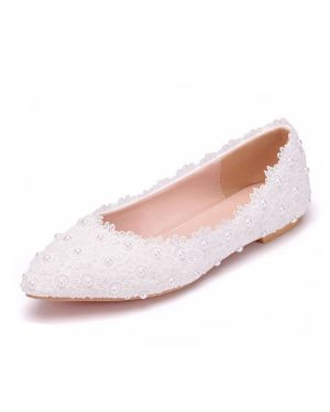 Womens Ballet Flats White Faux Leather Pointed Toe Flowers Plus Size Ballerina Flats