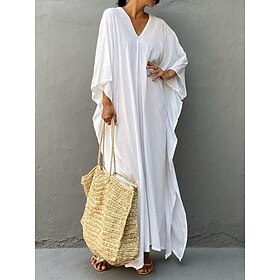 Women's Beach Dresses Cover Up Beach Wear Maxi long Dress Split Basic Casual Plain V Neck 3/4 Length Sleeve Loose Fit Daily Vacation White Red Summer Spring O