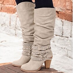 Women's Beige Slouchy Knee-High Boots with Buckle and Stud Accents, Vintage Western Style for Fall and Winter Casual Wear