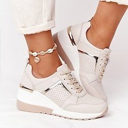 Women's Beige Wedge Sneakers with Metallic Accents - Comfortable and Stylish Platform Shoes for Casual and Everyday Wear