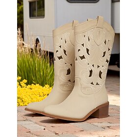 Women's Beige Western Cutout Cowboy Boots - Embroidered Mid-Calf Block Heel Boots for Country Events, Rodeos, and Festival Fashion