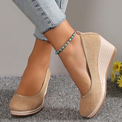 Women's Beige Woven Fabric Wedge Shoes - Comfortable Slip-On Platform Heels for Casual Summer and Daily Wear