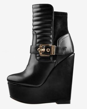 Women's Black Ankle Boots Platform Round Toe Wedge Heel Booties