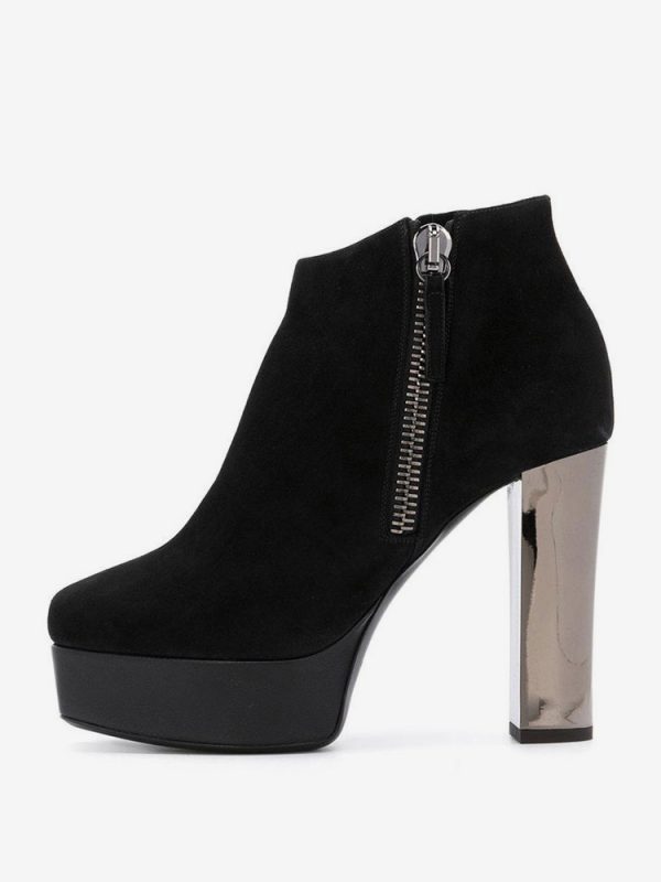 Women's Black Booties Suede Platfrom Round Toe Chunky Heel Short Boots