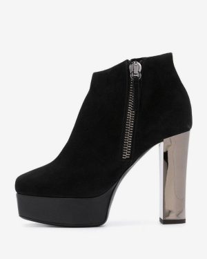 Women's Black Booties Suede Platfrom Round Toe Chunky Heel Short Boots