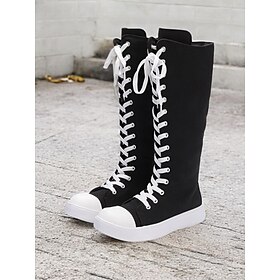 Women's Black Canvas Knee-High Lace-Up Boots with White Sole - Retro-Style Casual Footwear for Everyday Wear and Street Fashion