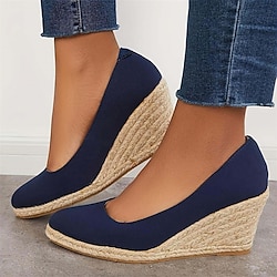 Women's Black Canvas Wedge Heels - Espadrille Platform Shoes with Braided Jute Sole for Summer Casual Outfits, Beach Vacations, and Everyday Wear
